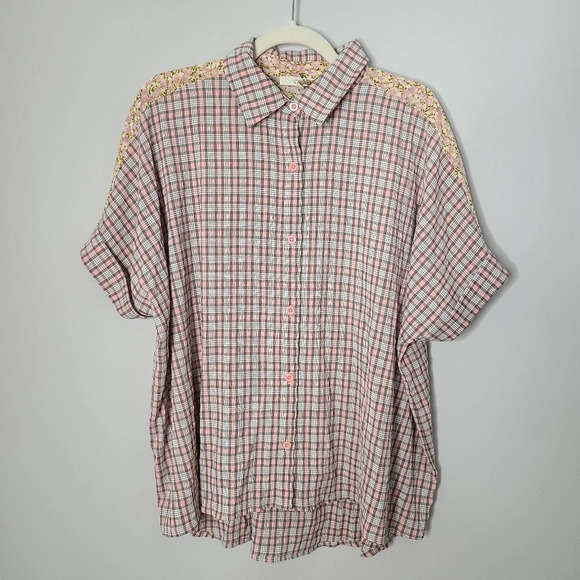 New! Easel Button Front Collared Plaid Floral Short Sleeve Blouse S - Picture 1 of 4